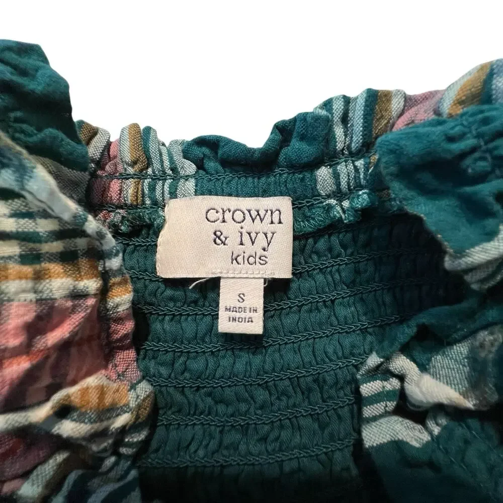 Crown & Ivy Kids Smocked Plaid Seersucker Ruffle Dress Girls Small Cotton